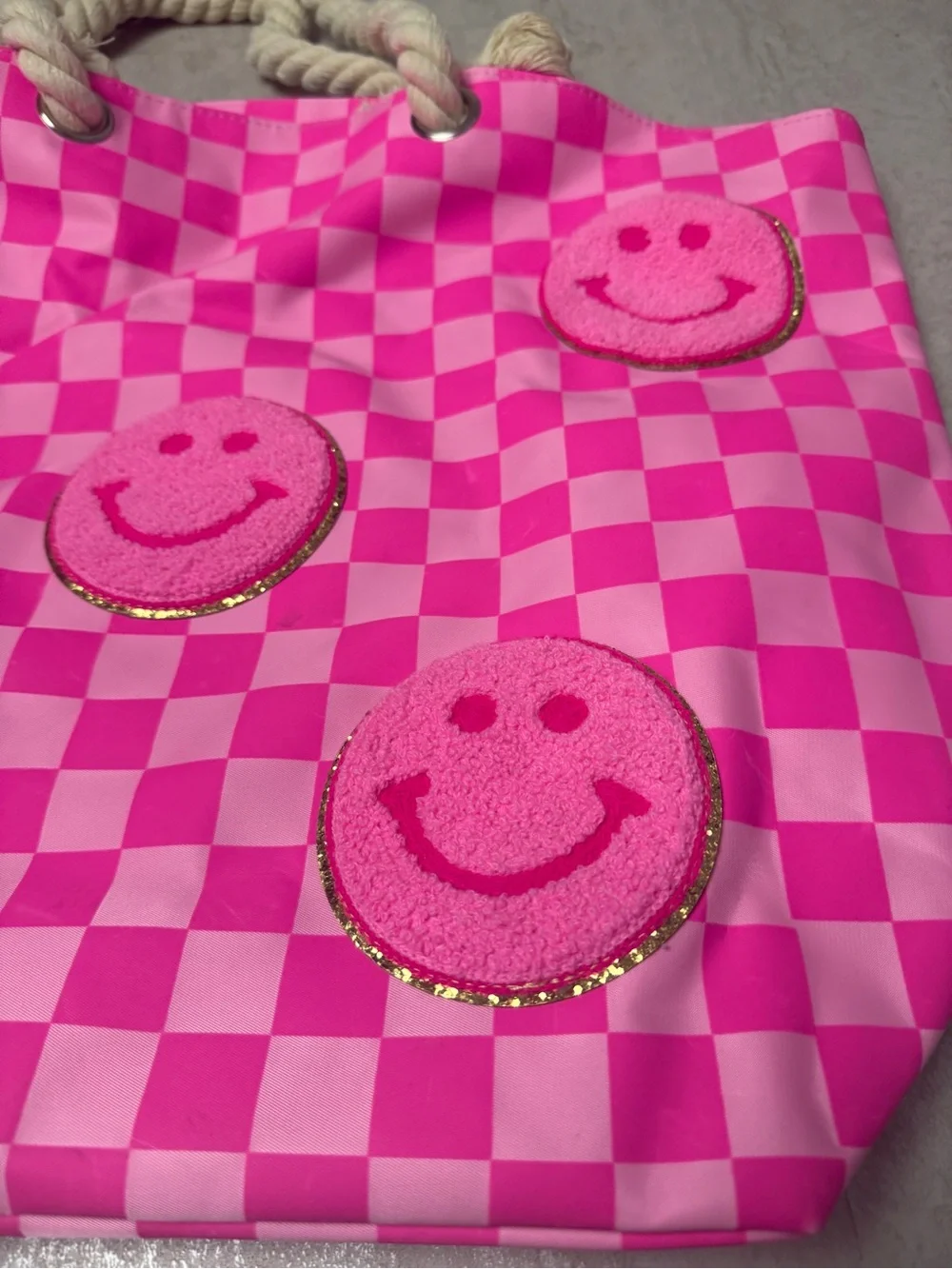 Pink Checkered Tote with Glitter Smiley face patches beach bag